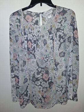 Motherhood Sheer Floral Blouse in Gray with Pastel Accents